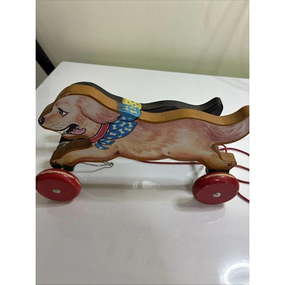 Vintage Schylling Wooden Dogs Pull Toy Black Lab Golden Retriever Racing Bell